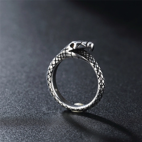 Anillo de Acero de Titanio con Cabeza de Serpiente Vintage para Hombre Mujer Gothic Punk Color Plata Antigua Textura Escamas