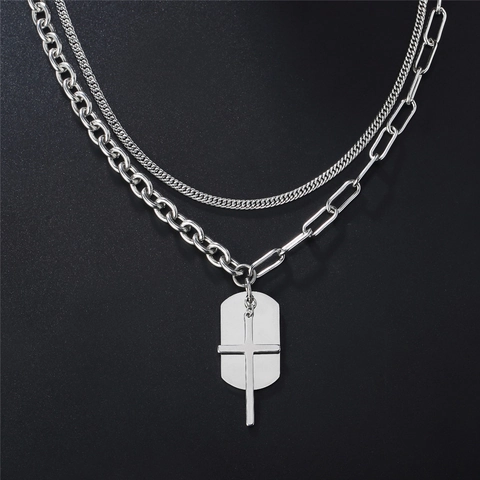 Collana Multistrato in Acciaio Inossidabile Uomo Donna Ciondolo a Croce e Piastrina Militare Gioielli Punk Rock Argento
