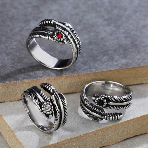 Vintage Stainless Steel Feather Ring Men Retro Ethnic Style Inlaid Red Black White Zirconia Adjustable Open Ring Jewelry
