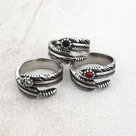 Vintage Stainless Steel Feather Ring Men Retro Ethnic Style Inlaid Red Black White Zirconia Adjustable Open Ring Jewelry