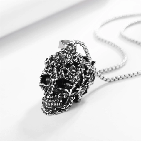 Gothic Skull Pendant Stainless Steel Vintage Silver Carved Human Relief Punk Rock Pendant Only Without Chain For Men Women