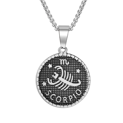 Vintage Stainless Steel Zodiac Constellation Coin Pendant Only Without Chain For Men Women Twelve Astrological Signs Relief Necklace Accessory