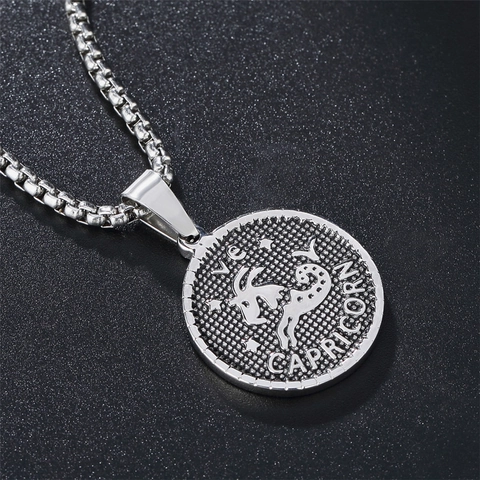 Vintage Stainless Steel Zodiac Constellation Coin Pendant Only Without Chain For Men Women Twelve Astrological Signs Relief Necklace Accessory