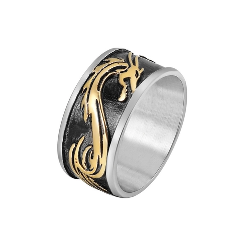 Bague Vintage en Acier Inoxydable Motif Dragon en Relief Or Argent Noir Contraste Bijou Rétro pour Homme