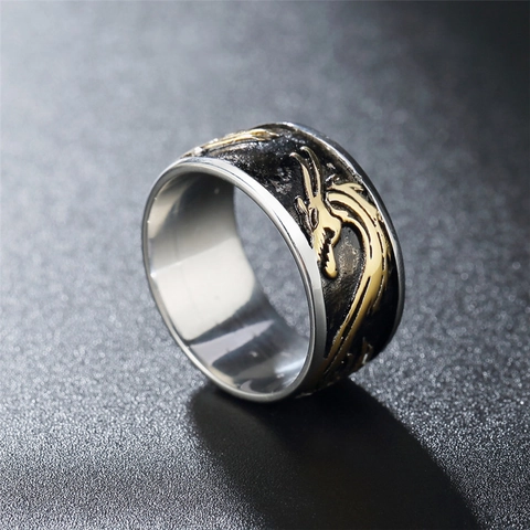 Bague Vintage en Acier Inoxydable Motif Dragon en Relief Or Argent Noir Contraste Bijou Rétro pour Homme
