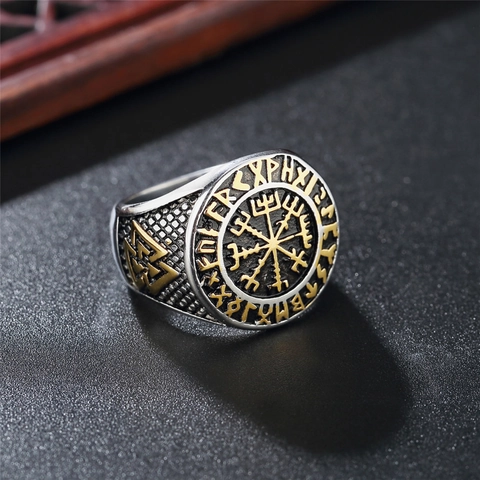 Anello Vintage in Acciaio al Titanio con Bussola Vichinga da Uomo Nordico Vegvisir Valknut Rune Retro Biker Gioielli