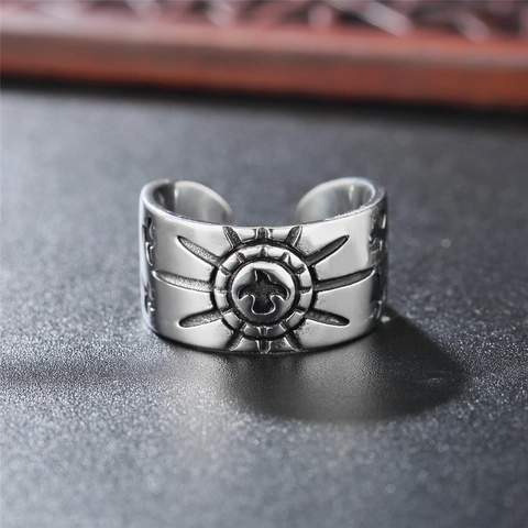 Vintage Punk Titanium Steel Eagle Sun Open Ring For Men Adjustable Distressed Antique Silver Biker Ring Gothic Jewelry