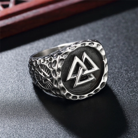 Viking Valknut Symbol Stainless Steel Ring For Men Vintage Hammered Texture Nordic Mythology Style Casting Jewelry Band Ring