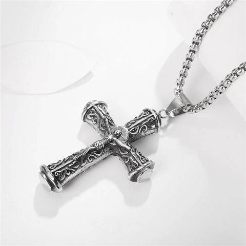 Pendentif Crucifix Jésus en Acier Inoxydable Vintage pour Hommes Femmes Croix Rétro Vieillie avec Vigne Gravée Bijoux Religieux