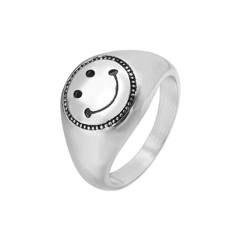 Anello Faccina Sorridente in Acciaio Inossidabile Hip Hop per Uomo Donna Vintage Smalto Giallo Argento Lucido Gioielli