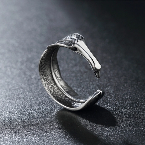 Vintage Edelstahl Adler Feder Offener Ring Für Herren Retro Oxidiert Verstellbar Punk Gothic Fingerring Biker Schmuck Geschenk