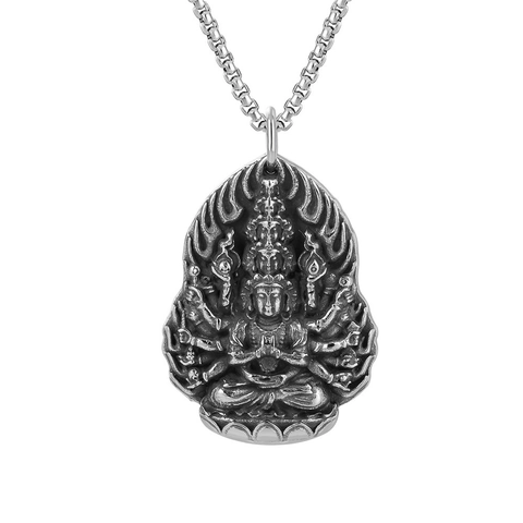 Ciondolo in Acciaio Inossidabile Vintage Guanyin dalle Mille Mani per Uomo Donna Argento Retro Rilievo Buddha Gioielli Religiosi Solo Ciondolo