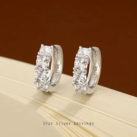 925 Sterling Silver Princess Square Cut Zirconia Hoop Earrings For Women Minimalist Geometric White Gold Plated Huggie Jewelry