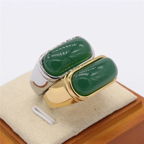 Vintage Edelstahl Siegelring Für Herren Damen Vergoldet Rechteck Grün Schwarz Künstlicher Achat Stein Mode Ring