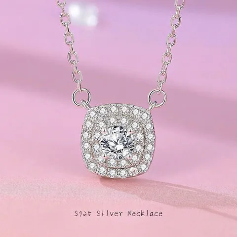 925 Sterling Silver Moissanite Necklace For Women Halo Square Pendant Double Row Rhinestone Jewelry Box Chain Necklaces Gift