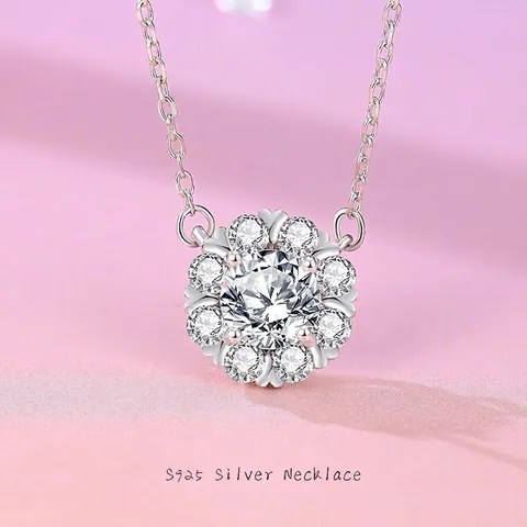 Collar con Colgante de Flor de Moissanita de Plata de Ley 925 para Mujer Cadena de Clavícula de Circonia Joyería Regalo