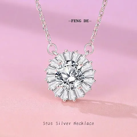 925 Sterling Silver Moissanite Sunflower Pendant Necklace Zirconia Halo Design Fashion Clavicle Chain Jewelry For Women