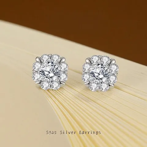 Boucles d'Oreilles Clous en Argent Sterling 925 Avec Moissanite pour Femmes Boucles d'Oreilles Clous en Zircone Forme Fleur Plaquées Or Blanc Bijoux Mode