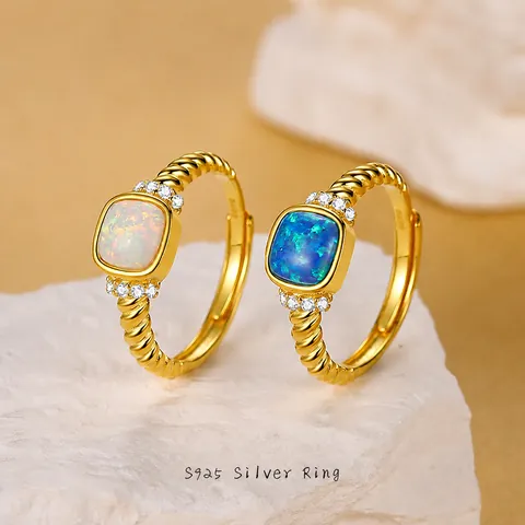 Anillo Abierto de Plata de Ley 925 Chapado en Oro de 18K Vintage Cuadrado Ópalo Azul Blanco Cuerda Retorcida Zirconia Mujer