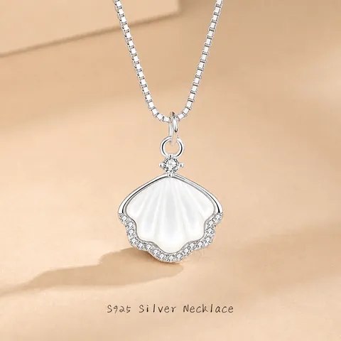 925 Sterling Silver Shell Pendant Necklace For Women Mother Of Artificial Pearl Cubic Zirconia Elegant Fan Shaped Fashion Jewelry