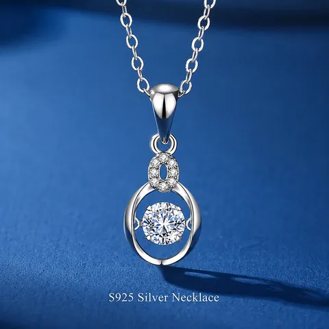 S925 Sterling Silver Dancing Stone Moissanite Necklace Women Elegant Round Blue Zirconia Pendant Heart Chain Jewelry Gift