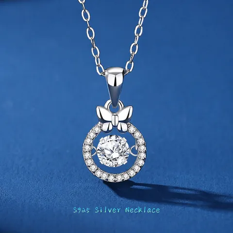 925 Sterling Silver Bowknot Dancing Heart Pendant Necklace For Women Moissanite Zirconia Round Halo Rose Gold Plated Jewelry
