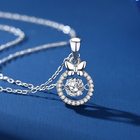 925 Sterling Silver Bowknot Dancing Heart Pendant Necklace For Women Moissanite Zirconia Round Halo Rose Gold Plated Jewelry