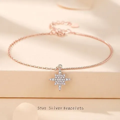 Braccialetto a Stella a Otto Punte in Argento Sterling S925 per Donna con Zirconia Intarsiata Catena Gioielli Moda Elegante