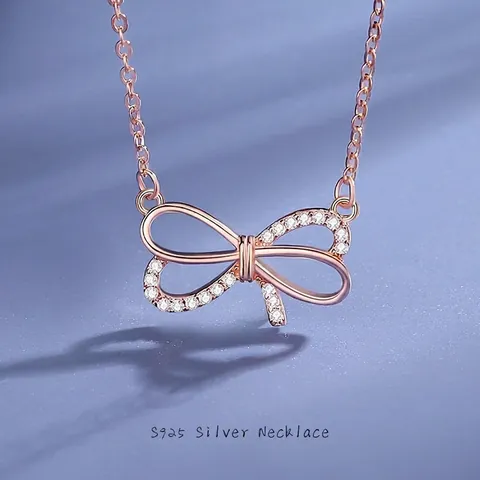 925 Sterling Silver Bowknot Pendant Necklace For Women Elegant Inlaid Rhinestone Sweet Bow Jewelry Accessories Birthday Gift