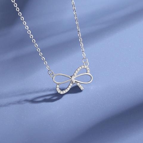 925 Sterling Silver Bowknot Pendant Necklace For Women Elegant Inlaid Rhinestone Sweet Bow Jewelry Accessories Birthday Gift