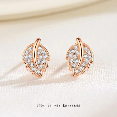 925 Sterling Zilveren Blad Oorknopjes Minimalistisch Ingelegde Zirconia Boomblad Oorpiercing Sieraden Cadeau Voor Vrouwen