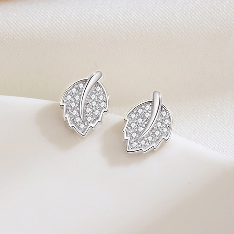 925 Sterling Zilveren Blad Oorknopjes Minimalistisch Ingelegde Zirconia Boomblad Oorpiercing Sieraden Cadeau Voor Vrouwen