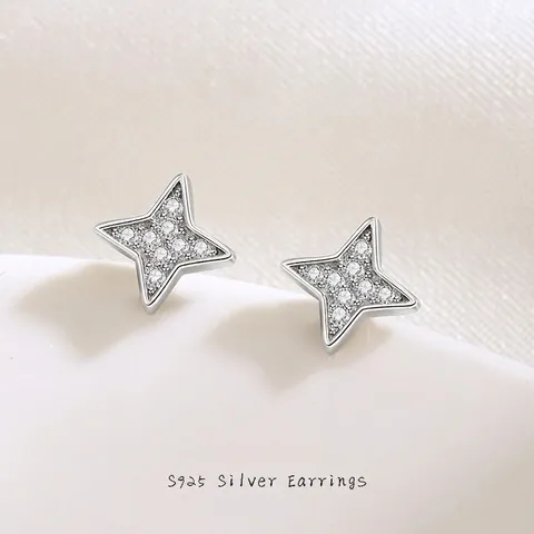 Orecchini a Bottone a Stella a Quattro Punte in Argento Sterling 925 Gioielli Geometrici Minimalisti Intarsiati con Zirconia per Donna Regalo di Moda
