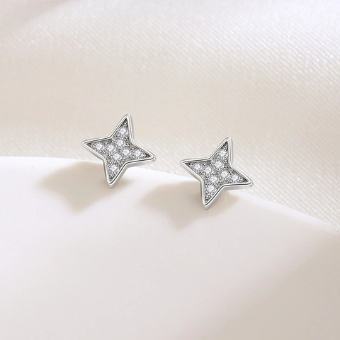 Orecchini a Bottone a Stella a Quattro Punte in Argento Sterling 925 Gioielli Geometrici Minimalisti Intarsiati con Zirconia per Donna Regalo di Moda