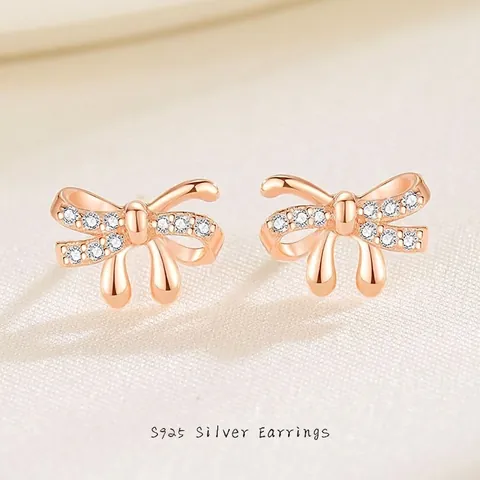S925 Sterling Zilveren Strik Oorknopjes Voor Dames Elegant Roségoud Witgoud Verguld Strass Strik Oorbellen Sieraden Cadeau