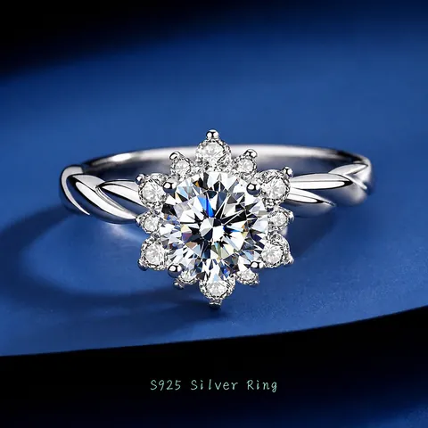 S925 Sterling Silver Moissanite Sunflower Ring For Women Luxury Twisted Band Adjustable Flower Engagement Ring Jewelry