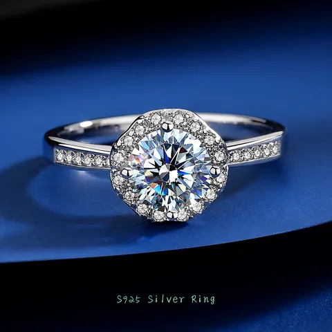Anello Solitario in Argento Sterling S925 Con Moissanite Zirconia Classico Taglio Rotondo Halo Anello di Fidanzamento per Donna Gioielli per Feste di Matrimonio