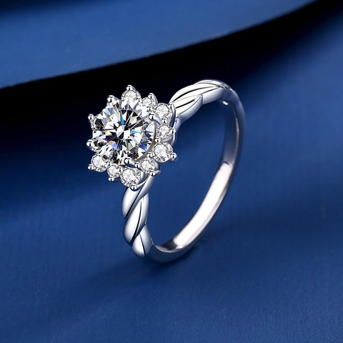 S925 Sterling Silver Moissanite Sunflower Ring For Women Luxury Twisted Band Adjustable Flower Engagement Ring Jewelry