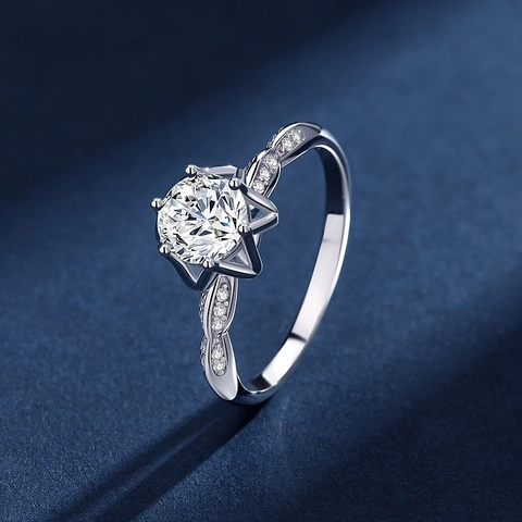 Eleganter S925 Sterlingsilber Lotus Ring Damen Moissanit Zirkonia Sechs-Klauen-Fassung Verstellbares Wellenband Verlobung Hochzeit Schmuck
