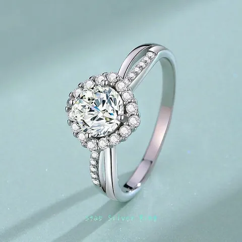 S925 Sterling Silber Moissanit Ring 1 Karat Zirkonia 4-Zacken Geteilter Schaft Halo Hochzeit Verlobungsring Für Damen Schmuck