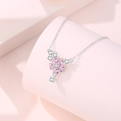 Collana Ciliegio in Argento Sterling S925 per Donna Pendente Fiore Zirconia Cuore Rosa Elegante Dolce Gioielli Regalo