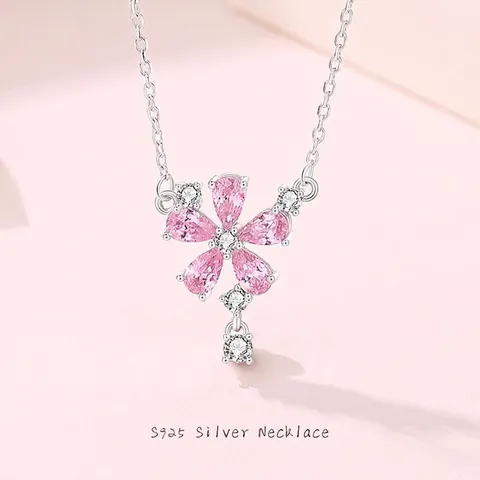 Collana con Pendente a Fiore di Pesco in Argento Sterling 925 e Zirconia Rosa per Donna Gioielli Floreali Matrimonio San Valentino