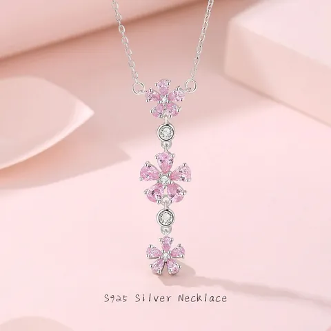 925 Sterling Silver Peach Blossom Necklace Pink Zirconia Inlaid Sweet Flower Tassel Clavicle Chain Jewelry For Women