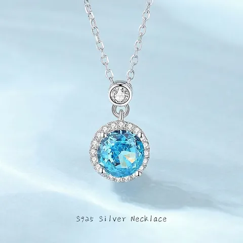Collana in Argento Sterling 925 Ciondolo Halo Rotondo Blu Bianco Zirconia Moissanite Catena Raffinata Gioielli da Donna Regalo di Compleanno