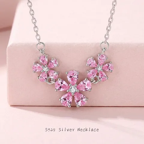 Collar de Flor de Durazno de Plata de Ley 925 para Mujer Colgante de Flor de Circonia Rosa Joyería Bañada en Platino