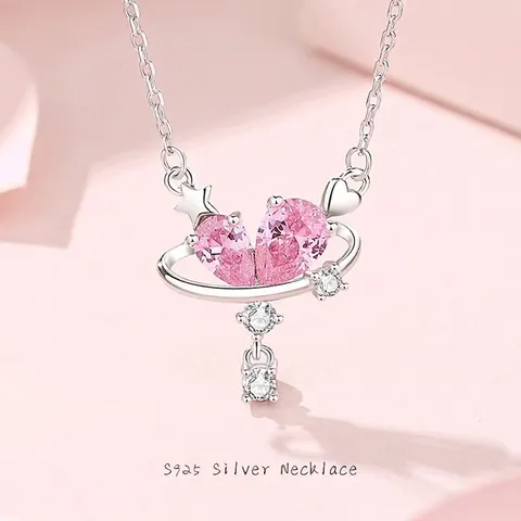 Collana con Ciondolo a Forma di Cuore e Pianeta in Argento Sterling 925 Zirconia Rosa Saturno Stella per Donna Regalo
