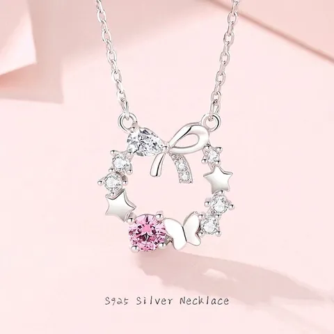 Collana a Ghirlanda in Argento Sterling S925 per Donna Ciondolo con Fiocco Farfalla Stella e Zirconia Rosa Gioielli alla Moda