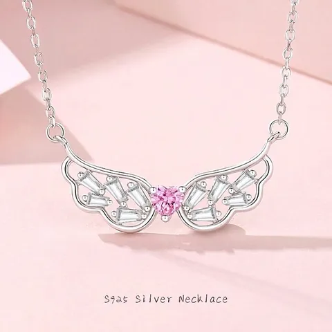 Angel Wings Heart Pendant Necklace In 925 Sterling Silver With Pink And White Zirconia Sweet Romantic Gift For Women Jewelry