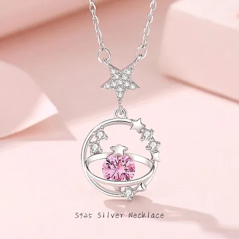 925 Sterling Silver Star Moon Planet Necklace Pink Zirconia Heart Pendant Elegant Jewelry For Women Anniversary Gift