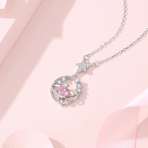 925 Sterling Silver Star Moon Planet Necklace Pink Zirconia Heart Pendant Elegant Jewelry For Women Anniversary Gift